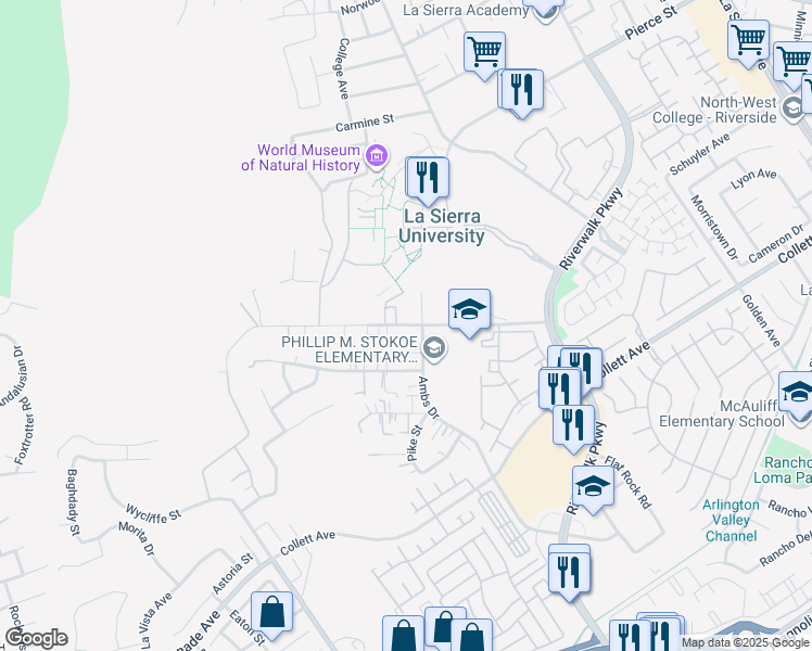 map of restaurants, bars, coffee shops, grocery stores, and more near 4570 Ambs Drive in Riverside