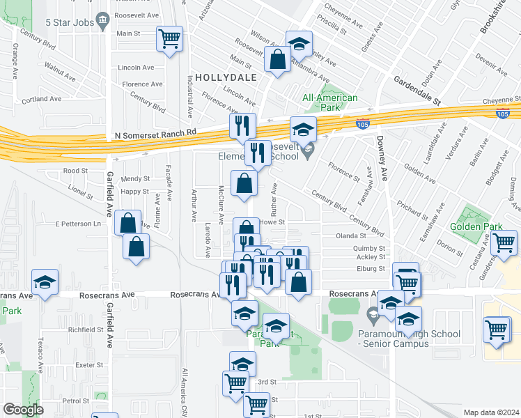 map of restaurants, bars, coffee shops, grocery stores, and more near 8027 Howe Street in Paramount