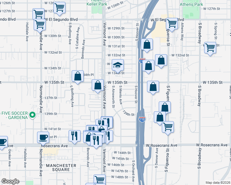 map of restaurants, bars, coffee shops, grocery stores, and more near 13700 South Ainsworth Street in Gardena