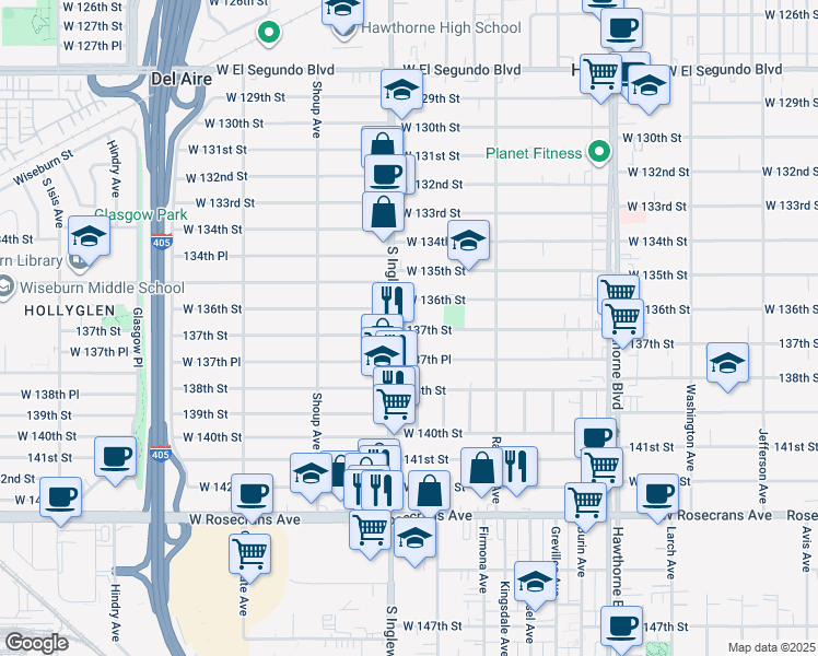 map of restaurants, bars, coffee shops, grocery stores, and more near 4762 137th Street in Hawthorne