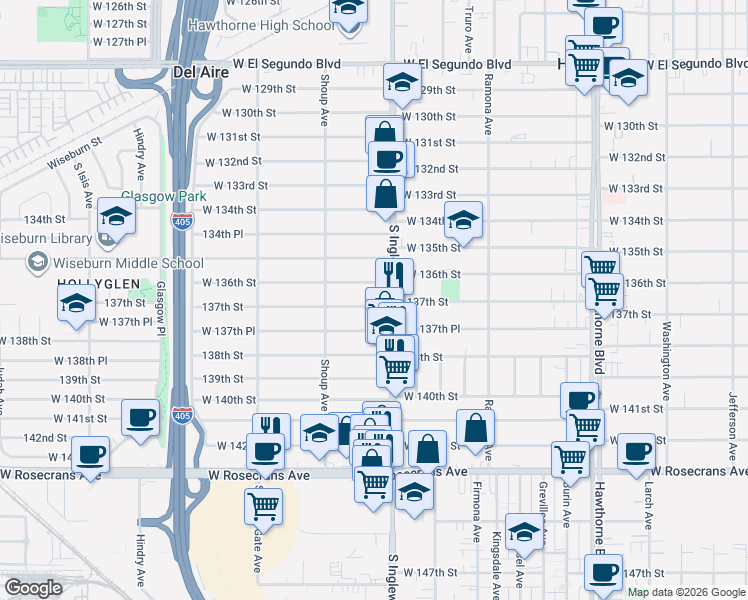 map of restaurants, bars, coffee shops, grocery stores, and more near 4816 137th Street in Hawthorne