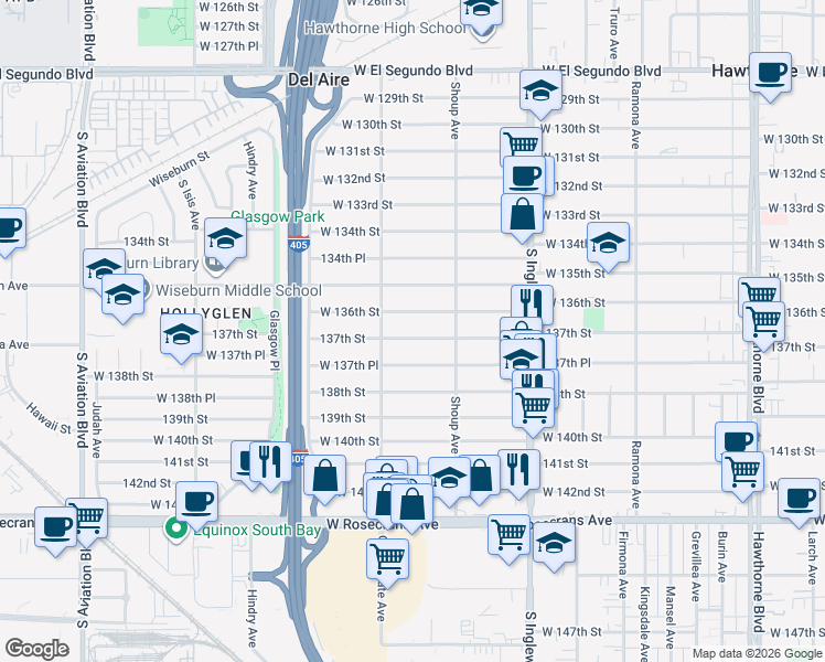 map of restaurants, bars, coffee shops, grocery stores, and more near 5022 137th Street in Hawthorne