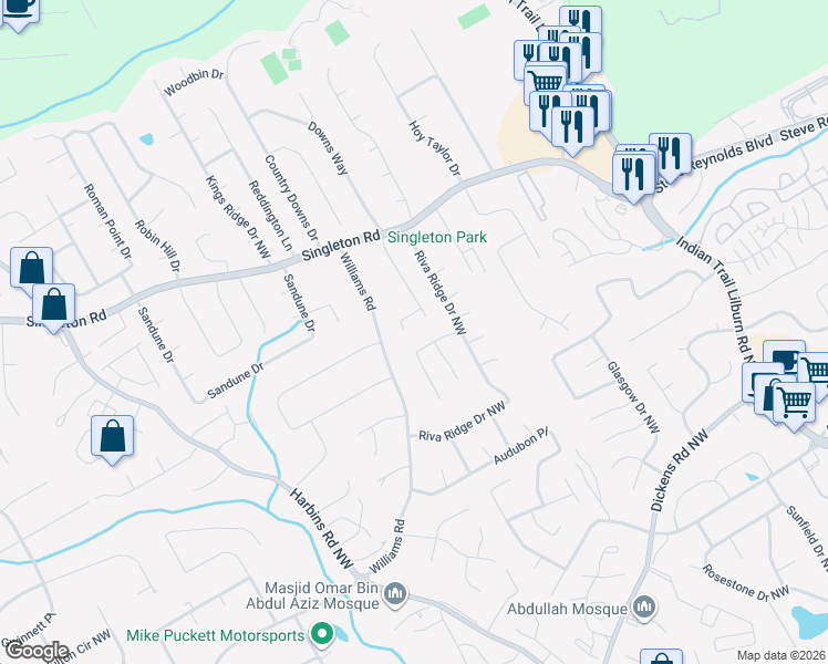 map of restaurants, bars, coffee shops, grocery stores, and more near 5334 Seattle Slew Court Northwest in Norcross