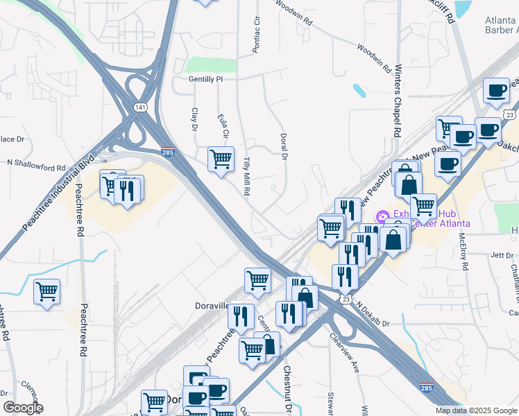 map of restaurants, bars, coffee shops, grocery stores, and more near 3932 Flowers Road in Atlanta