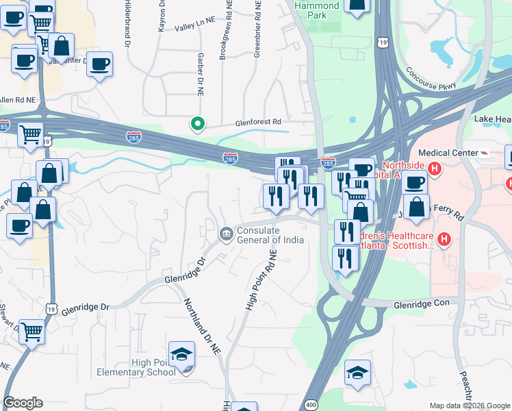 map of restaurants, bars, coffee shops, grocery stores, and more near 655 Lockton Place in Atlanta