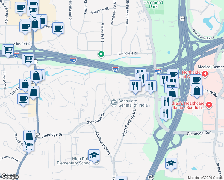 map of restaurants, bars, coffee shops, grocery stores, and more near 5586 Julian Place in Atlanta