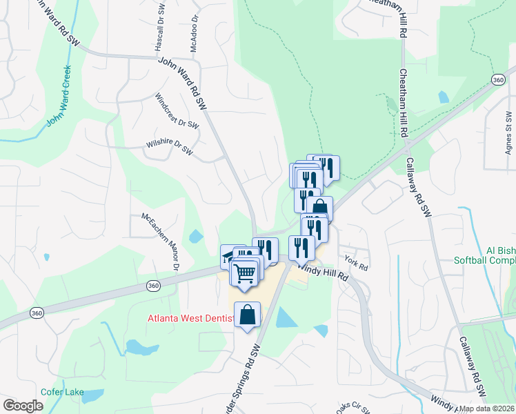 map of restaurants, bars, coffee shops, grocery stores, and more near 1740 Rifle Ridge Southwest in Marietta