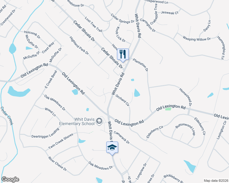 map of restaurants, bars, coffee shops, grocery stores, and more near 105 Orchard Circle in Athens