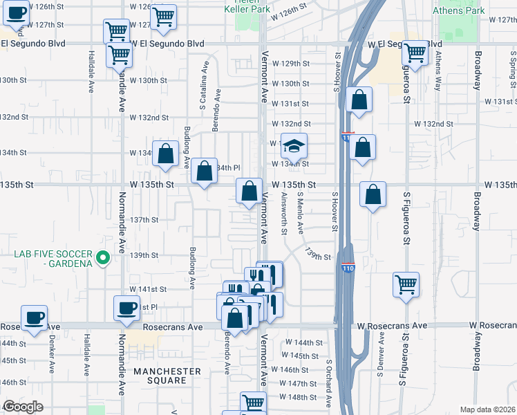 map of restaurants, bars, coffee shops, grocery stores, and more near 13620 South Vermont Avenue in Gardena