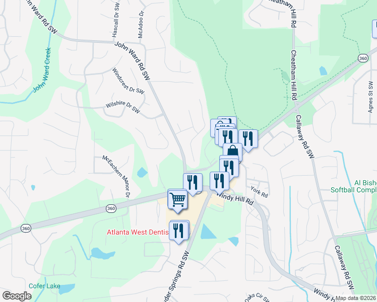 map of restaurants, bars, coffee shops, grocery stores, and more near 1740 Rifle Ridge Southwest in Marietta