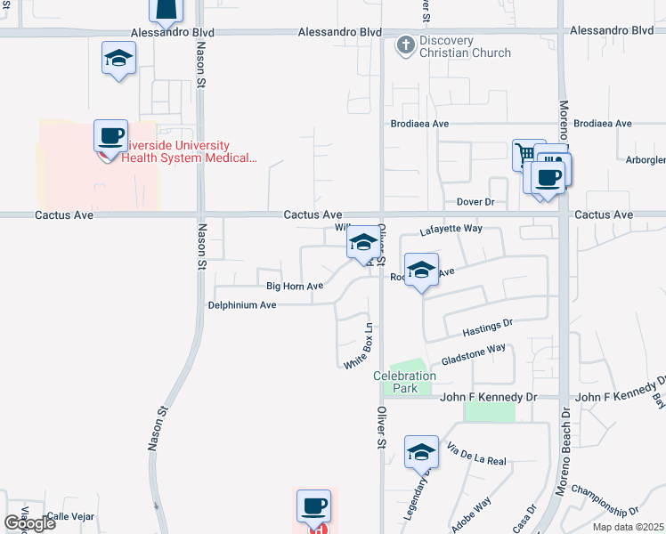 map of restaurants, bars, coffee shops, grocery stores, and more near 27410 Big Horn Avenue in Moreno Valley