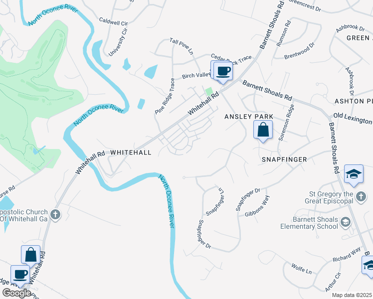 map of restaurants, bars, coffee shops, grocery stores, and more near 279 Oconee River Circle in Athens