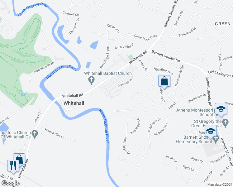 map of restaurants, bars, coffee shops, grocery stores, and more near 247 Oconee River Circle in Athens