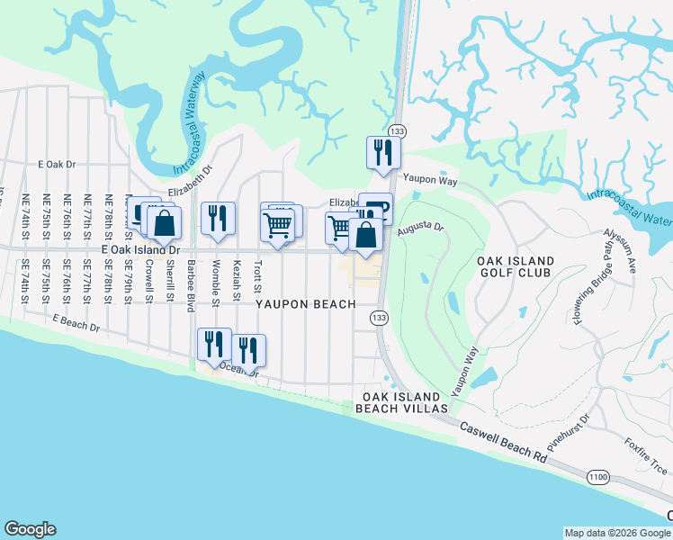 map of restaurants, bars, coffee shops, grocery stores, and more near 309 Sellers Street in Oak Island