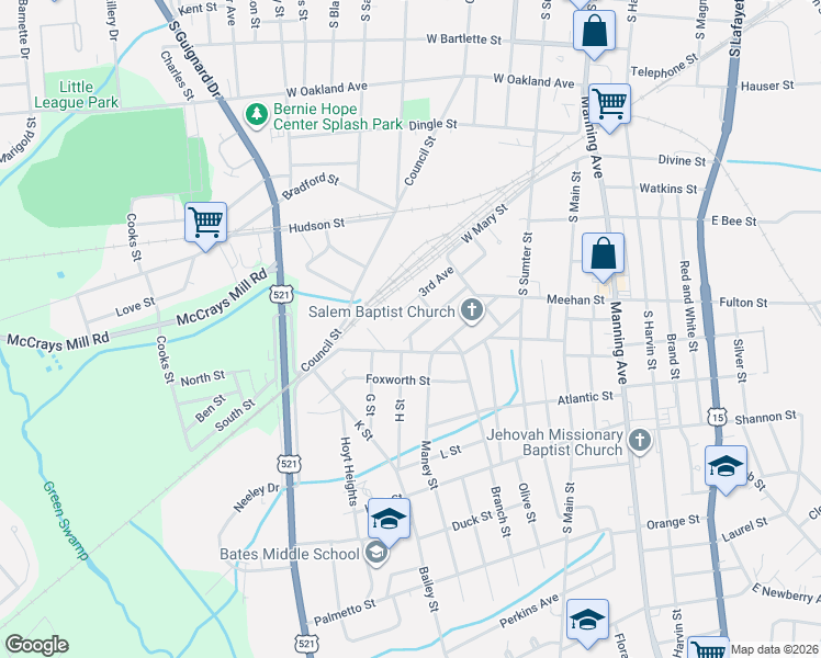 map of restaurants, bars, coffee shops, grocery stores, and more near 229 West Williams Street in Sumter