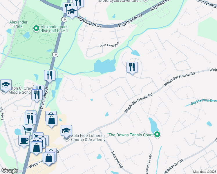 map of restaurants, bars, coffee shops, grocery stores, and more near 1600 Heatherglade Lane in Lawrenceville