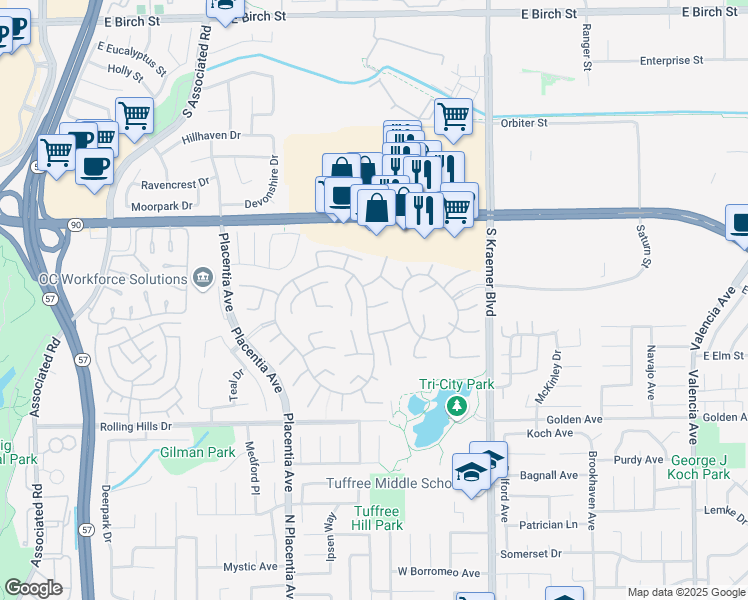 map of restaurants, bars, coffee shops, grocery stores, and more near 2961 Oakhurst Court in Fullerton