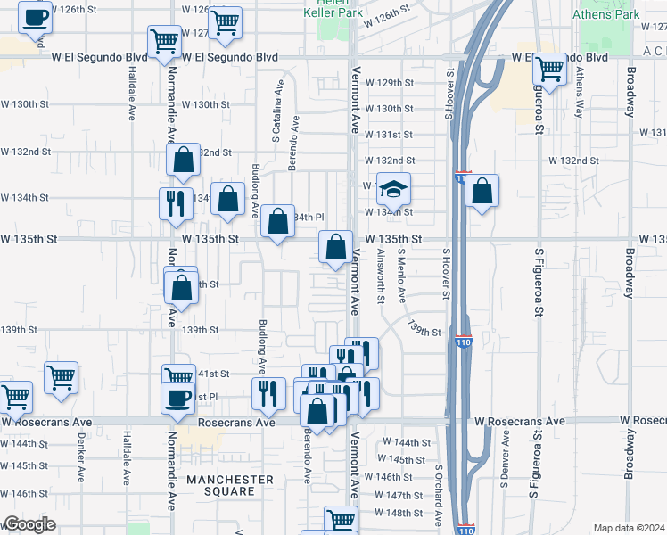 map of restaurants, bars, coffee shops, grocery stores, and more near 13605 South Vermont Avenue in Gardena