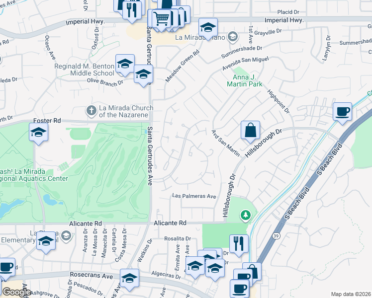 map of restaurants, bars, coffee shops, grocery stores, and more near 13515 Avenida Santa Tecla in La Mirada