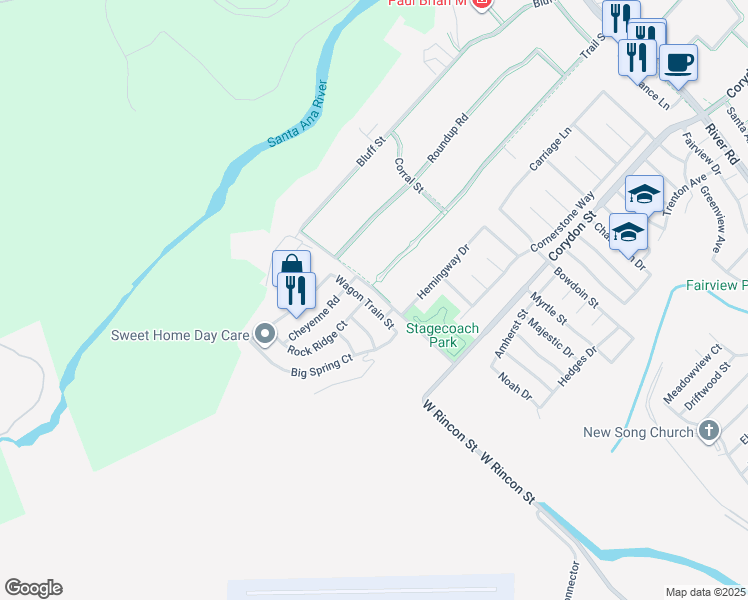 map of restaurants, bars, coffee shops, grocery stores, and more near 2251 Wagon Train Street in Corona