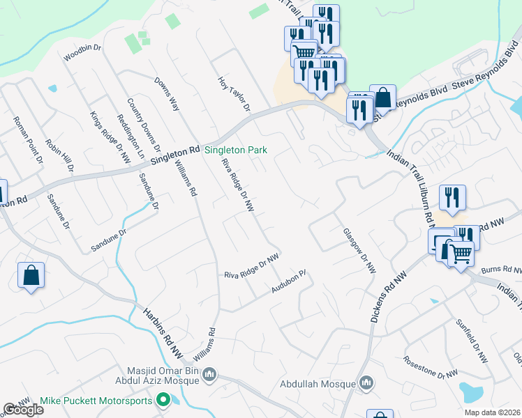 map of restaurants, bars, coffee shops, grocery stores, and more near 5212 Derby Way Northwest in Norcross