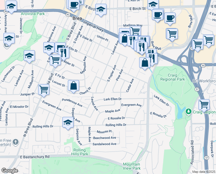 map of restaurants, bars, coffee shops, grocery stores, and more near 616 South Poplar Avenue in Brea