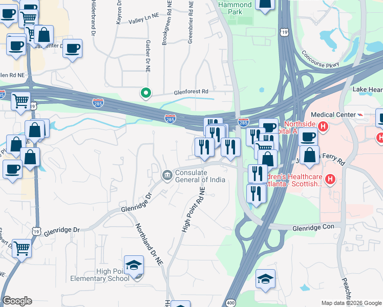 map of restaurants, bars, coffee shops, grocery stores, and more near 539 Sarabrook Place Northeast in Atlanta