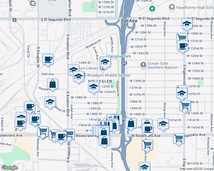 map of restaurants, bars, coffee shops, grocery stores, and more near 5305 West 137th Place in Hawthorne