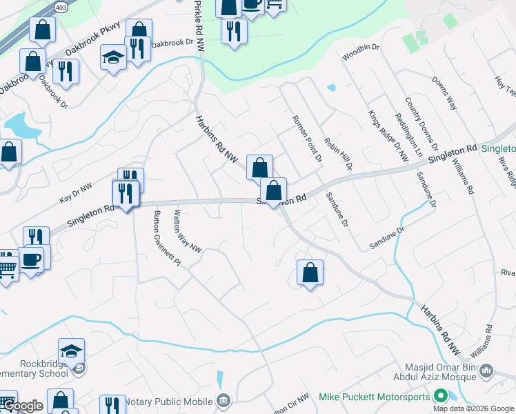 map of restaurants, bars, coffee shops, grocery stores, and more near 5624 Singleton Road in Norcross