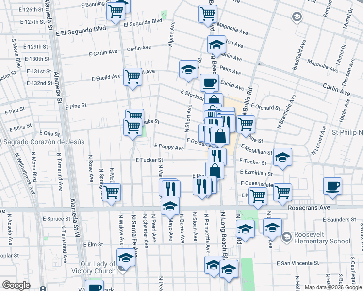 map of restaurants, bars, coffee shops, grocery stores, and more near 1033 East Poppy Avenue in Compton