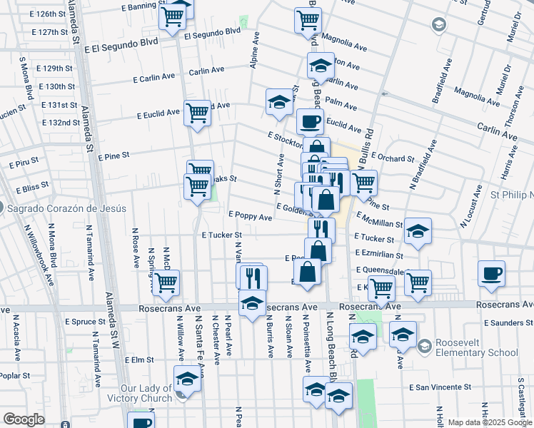 map of restaurants, bars, coffee shops, grocery stores, and more near 1107 East Tucker Street in Compton