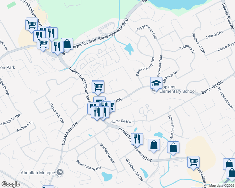 map of restaurants, bars, coffee shops, grocery stores, and more near 1253 Indian Way NW in Lilburn