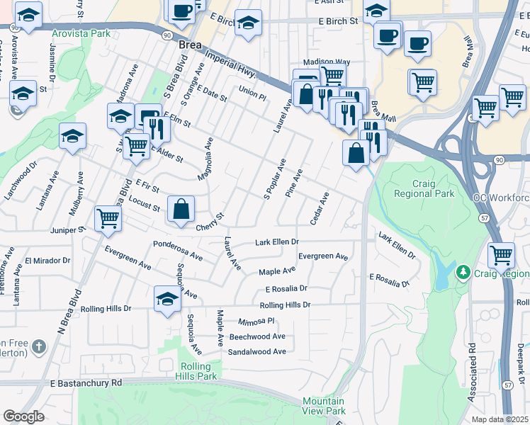 map of restaurants, bars, coffee shops, grocery stores, and more near 616 South Poplar Avenue in Brea