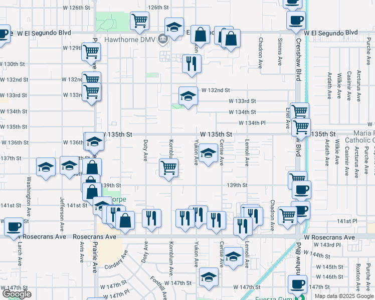 map of restaurants, bars, coffee shops, grocery stores, and more near 13535 Yukon Avenue in Hawthorne