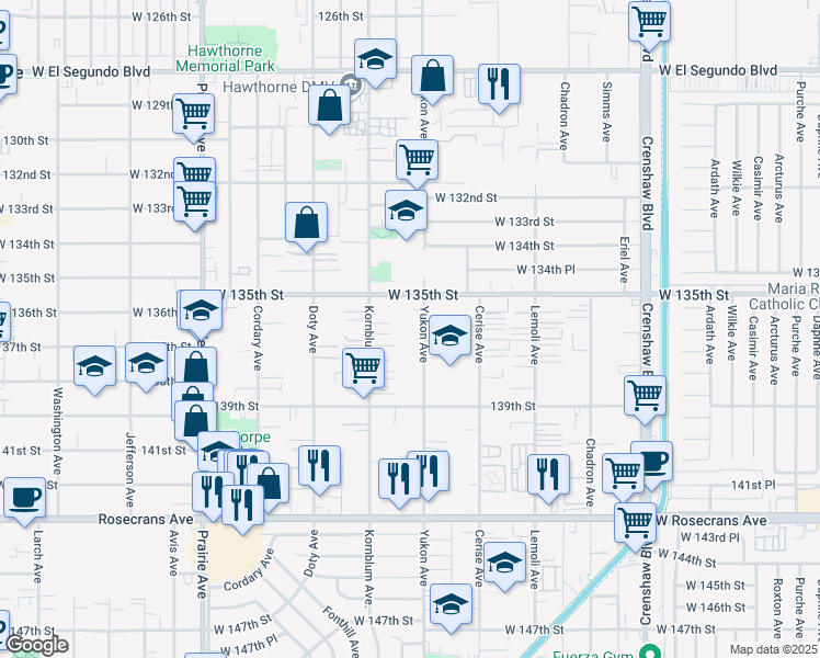 map of restaurants, bars, coffee shops, grocery stores, and more near 13535 Yukon Avenue in Hawthorne