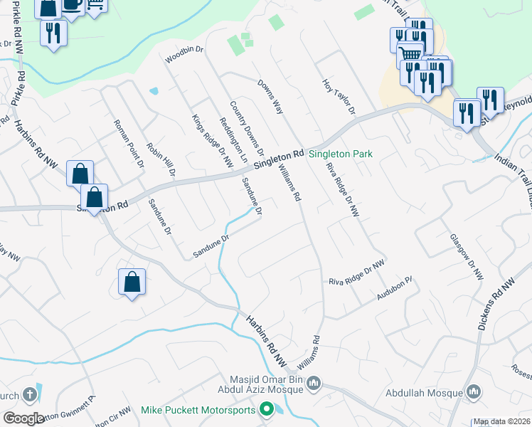 map of restaurants, bars, coffee shops, grocery stores, and more near 1213 Sandune Drive in Norcross