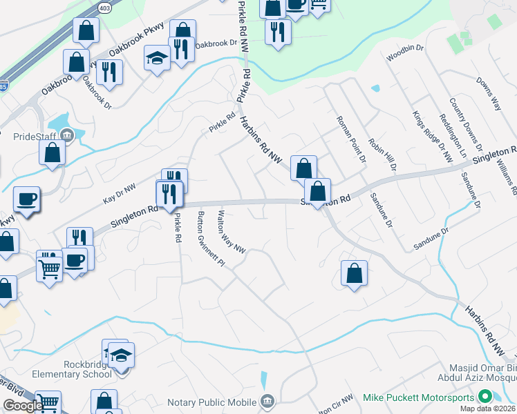 map of restaurants, bars, coffee shops, grocery stores, and more near 5720 Singlebriar Court in Norcross