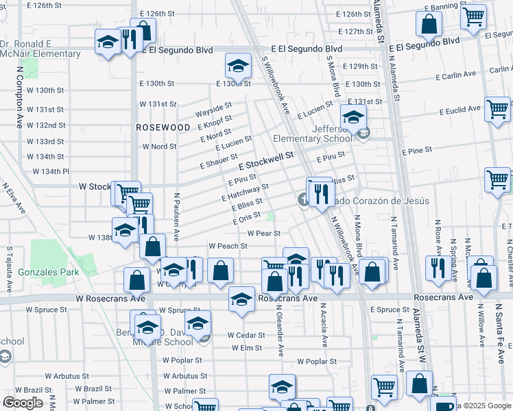 map of restaurants, bars, coffee shops, grocery stores, and more near 2142 East Bliss Street in Compton