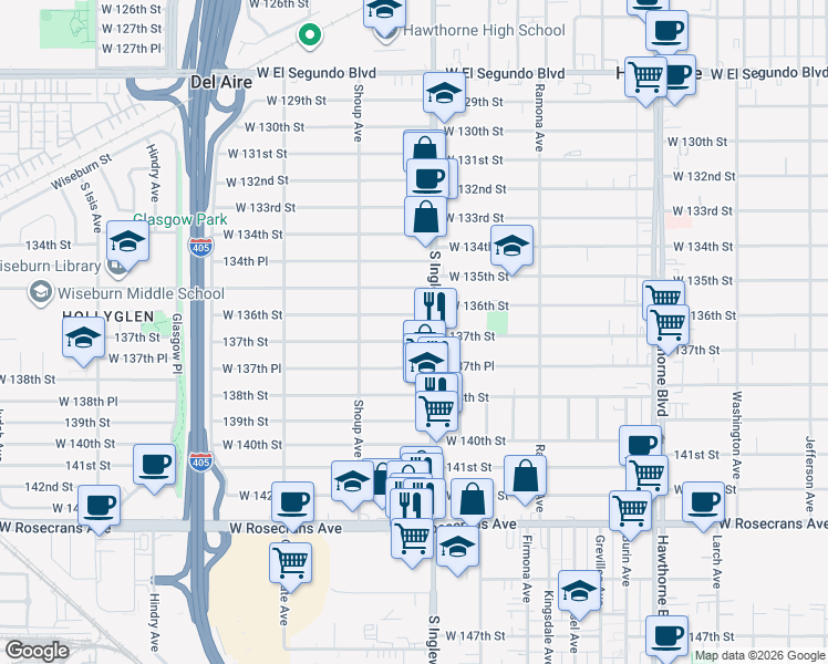 map of restaurants, bars, coffee shops, grocery stores, and more near 4819 137th Street in Hawthorne