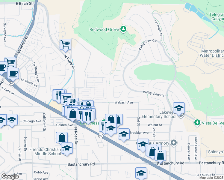 map of restaurants, bars, coffee shops, grocery stores, and more near 3721 Camino Cermenon in Yorba Linda