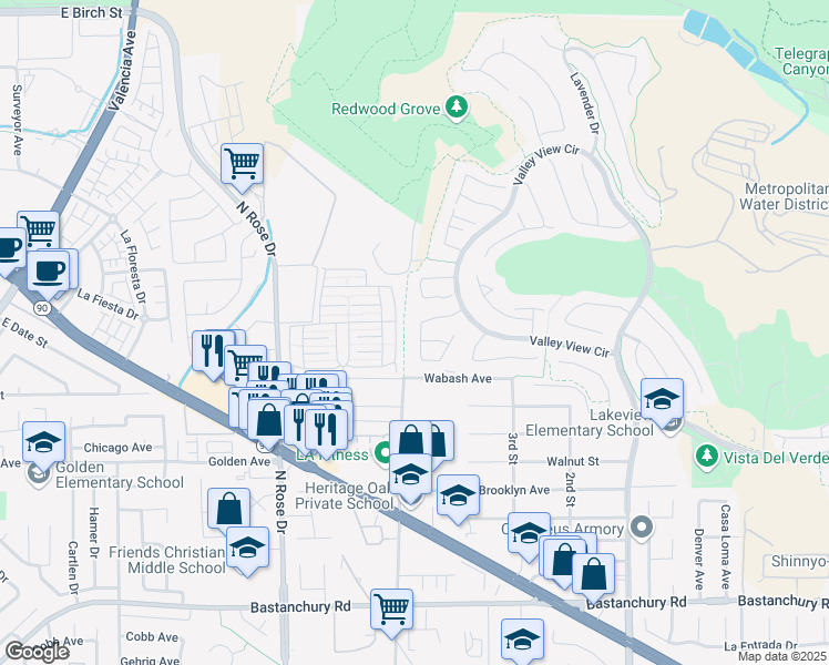 map of restaurants, bars, coffee shops, grocery stores, and more near 3721 Camino Cermenon in Yorba Linda