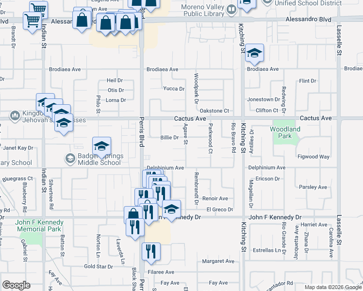 map of restaurants, bars, coffee shops, grocery stores, and more near 25196 Aleppo Way in Moreno Valley