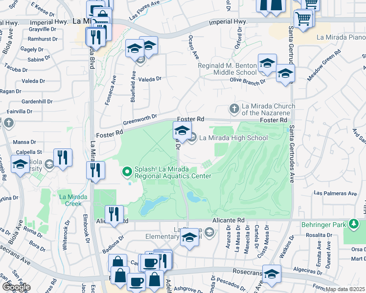 map of restaurants, bars, coffee shops, grocery stores, and more near 13520 Adelfa Drive in La Mirada