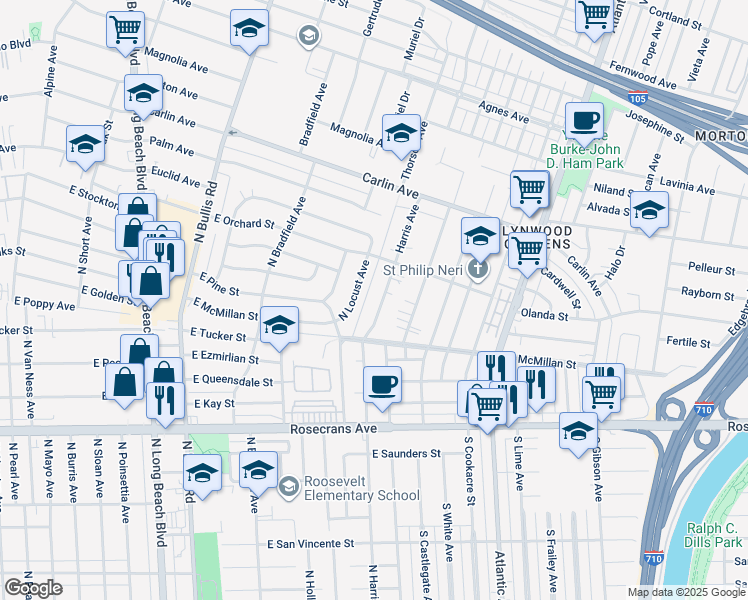 map of restaurants, bars, coffee shops, grocery stores, and more near 12726 Harris Avenue in Lynwood