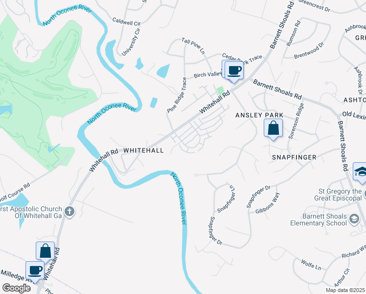 map of restaurants, bars, coffee shops, grocery stores, and more near 279 Oconee River Circle in Athens
