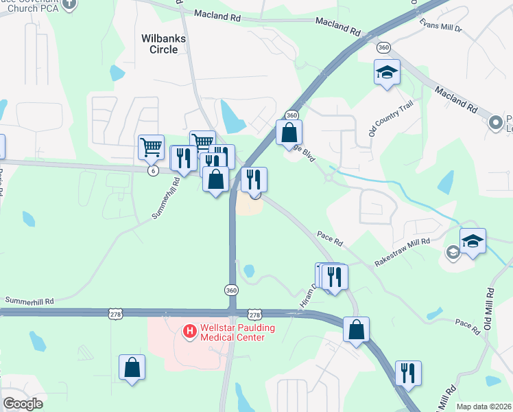 map of restaurants, bars, coffee shops, grocery stores, and more near 3920 Atlanta Highway in Hiram
