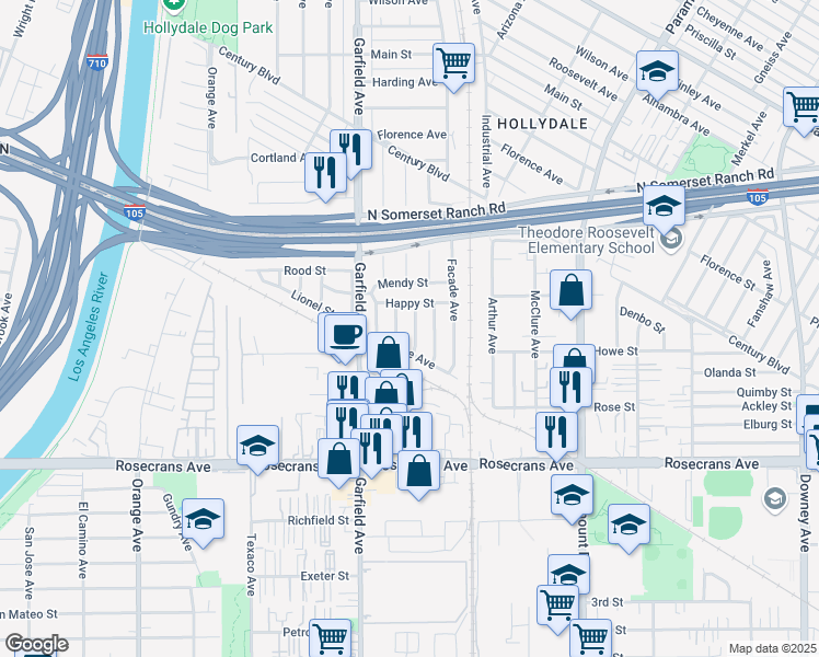 map of restaurants, bars, coffee shops, grocery stores, and more near 13927 Brightwell Avenue in Paramount