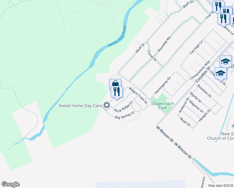 map of restaurants, bars, coffee shops, grocery stores, and more near 886 Homestead Road in Corona