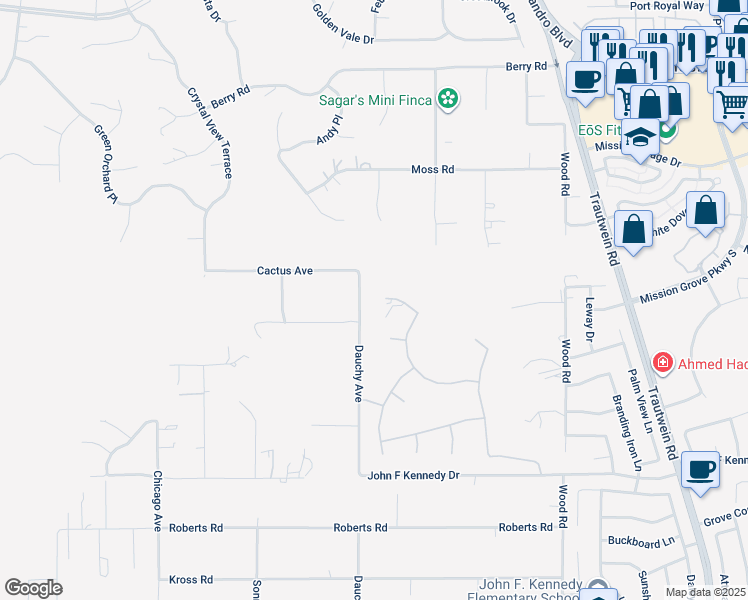 map of restaurants, bars, coffee shops, grocery stores, and more near 1282 Las Ventanas Way in Riverside
