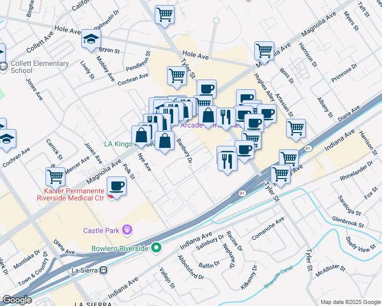 map of restaurants, bars, coffee shops, grocery stores, and more near 3610 Banbury Drive in Riverside